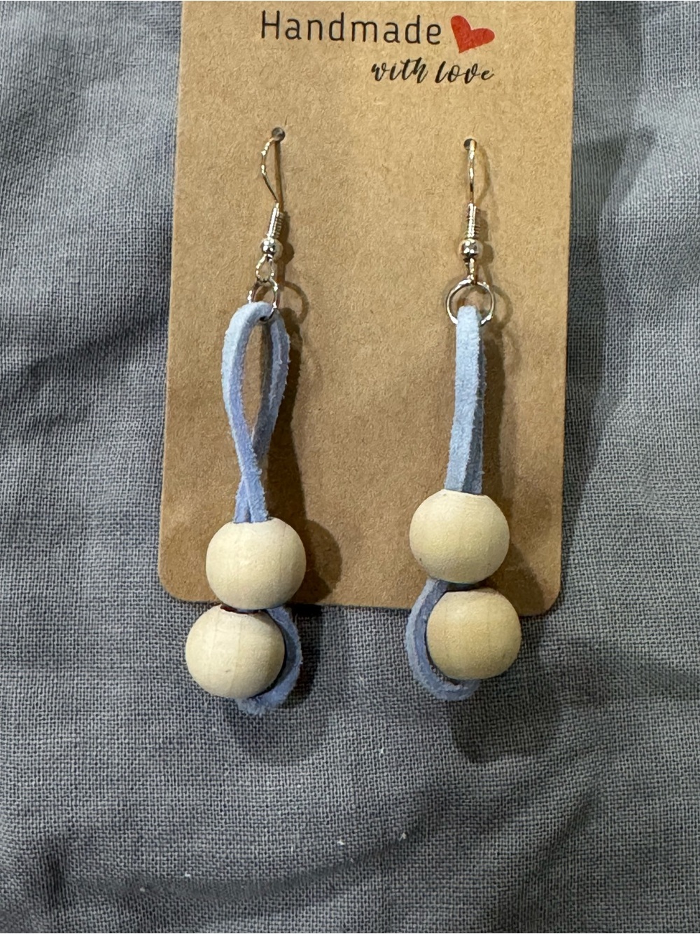 Handmade Light Blue Suede Loop Earrings with Natural Wood Beads